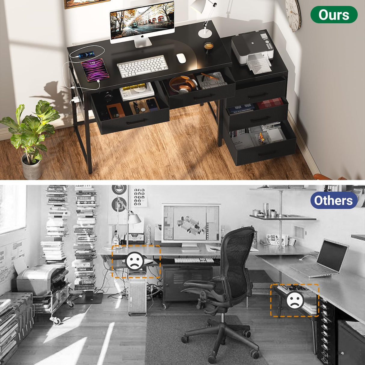 Unikito Reversible Computer Desk with 5 Drawers, Sturdy Office Desk with Power Outlets and USB Ports, Corner Writing Table with File Cabinet & Printer Stand, Vanity Desk with Storage, Black