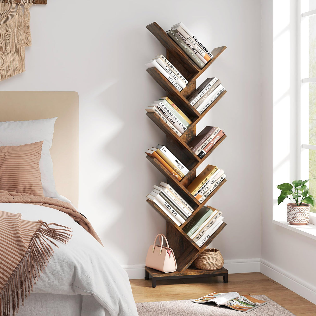 10 Shelf Tree Bookshelf, Floor Standing Wood Bookshelf for Books/Magazine/CDs/Movies, Modern Storage Rack Tree Bookcase, Utility Organizer Shelves for Narrow Space Home Office, Rustic Brown