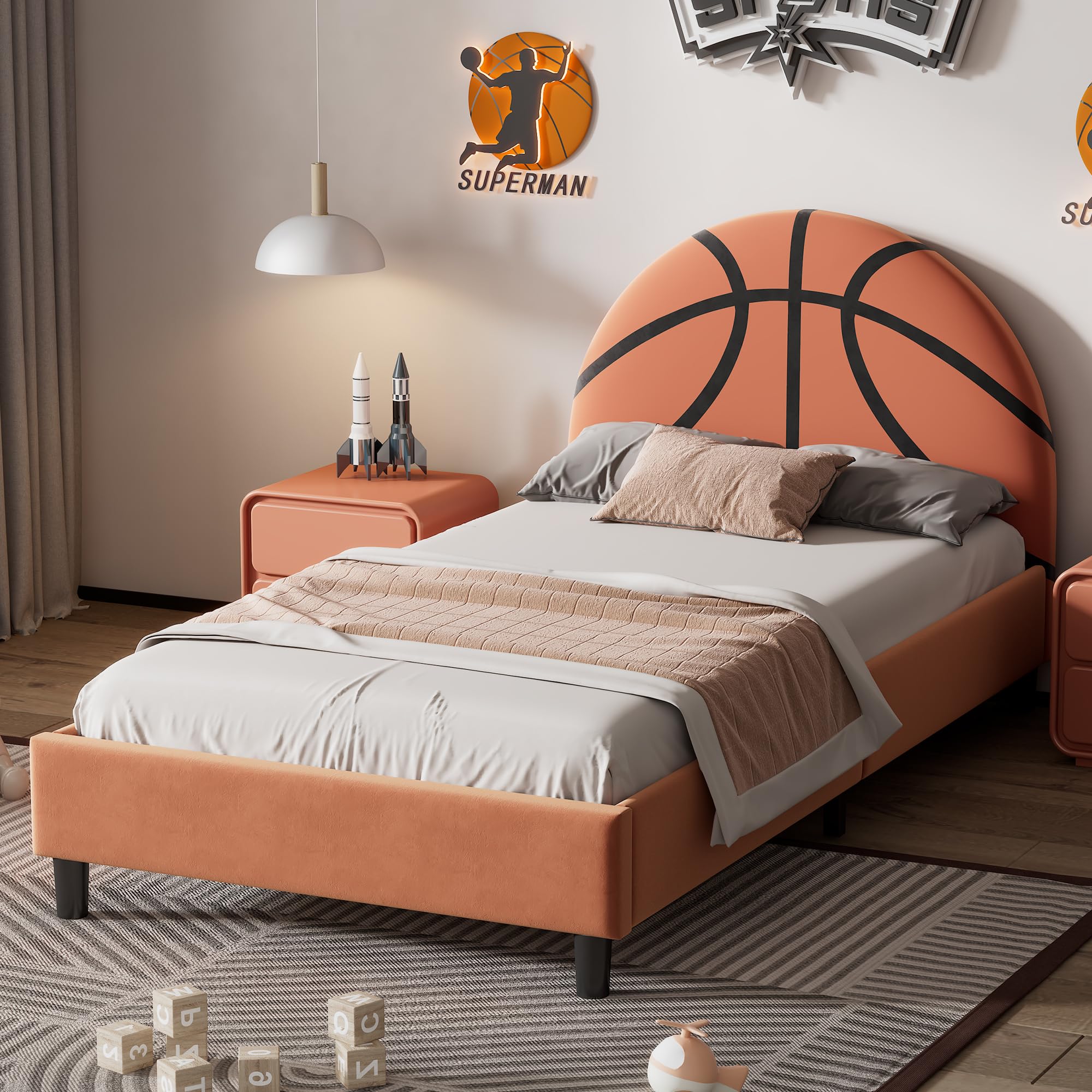 Merax Basketball Design Velvet Upholstered Platform Bed for Boys, Girls, Teens, Twin Metal Platform Bed Frame for Bedroom, Children's Room, Solid Wooden Slat Support, No Box Spring Needed, Orange
