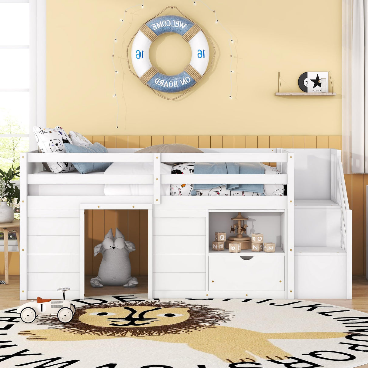 Twin Low Loft Bed with Stairs Storage, Drawer