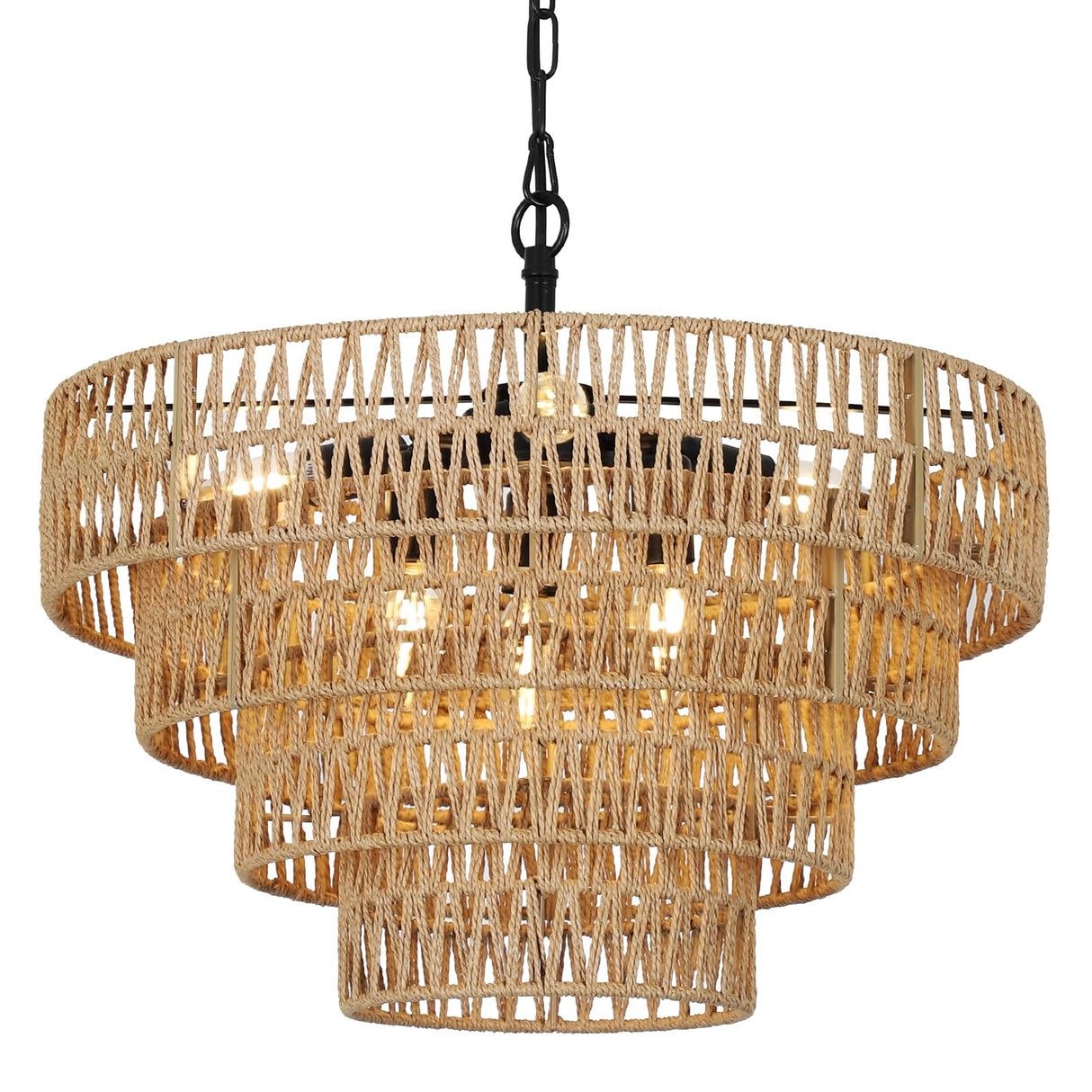 6-Light Dining Room Light Fixture, Wicker Pendant Lighting with 4-Tier Woven Lampshade,