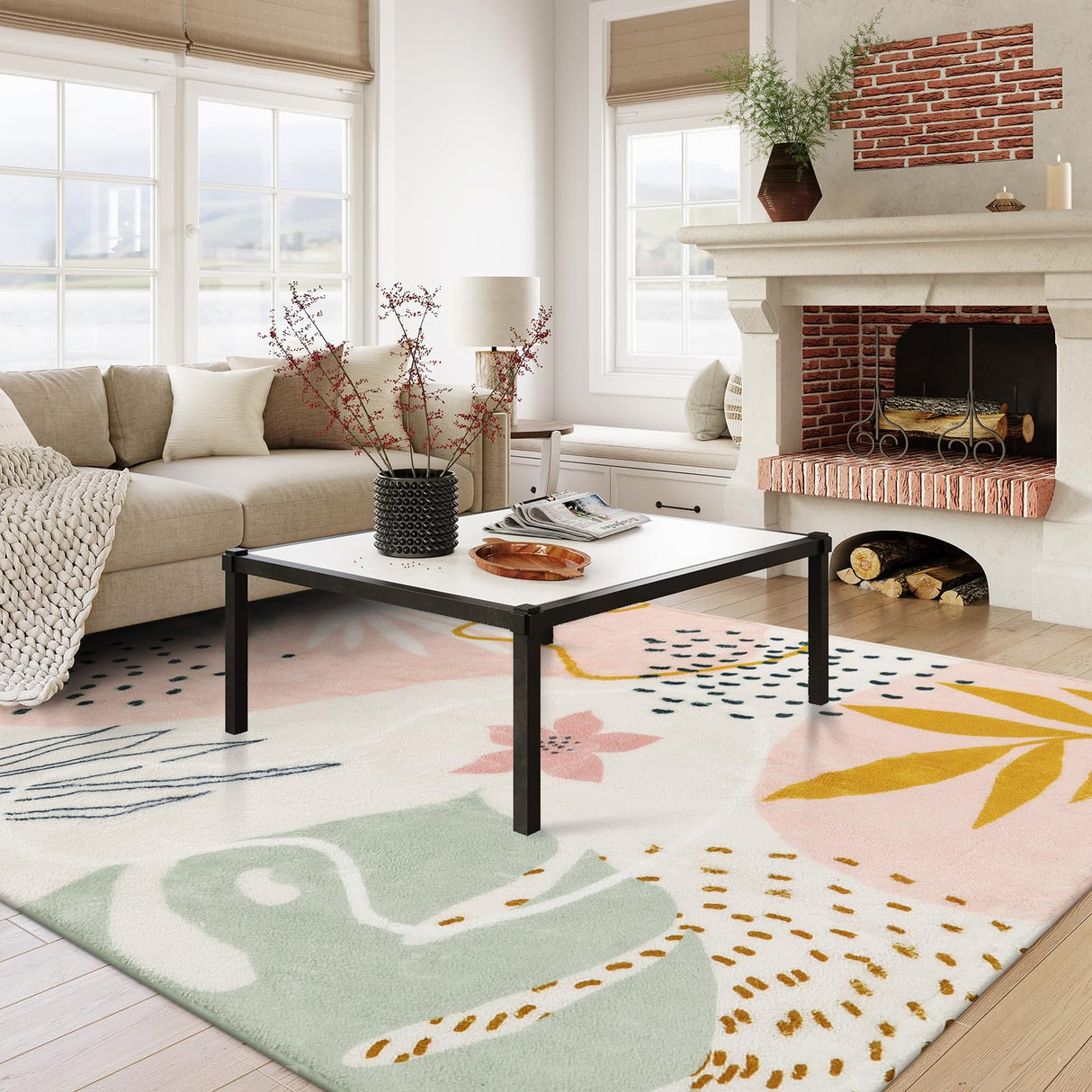 Lahome Pink Rug Machine Washable Area Rugs - 6x9 Non-Slip Large Living Room Rug Lightweight Throw Soft Carpet for Bedroom, Boho Botanical Print Ultra-Thin Indoor Rug for Classroom Nursery Dining Room