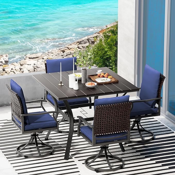 5 Piece Outdoor Patio Dining Set with 4 Swivel Dining Chairs & 1 Large Square Dining Table