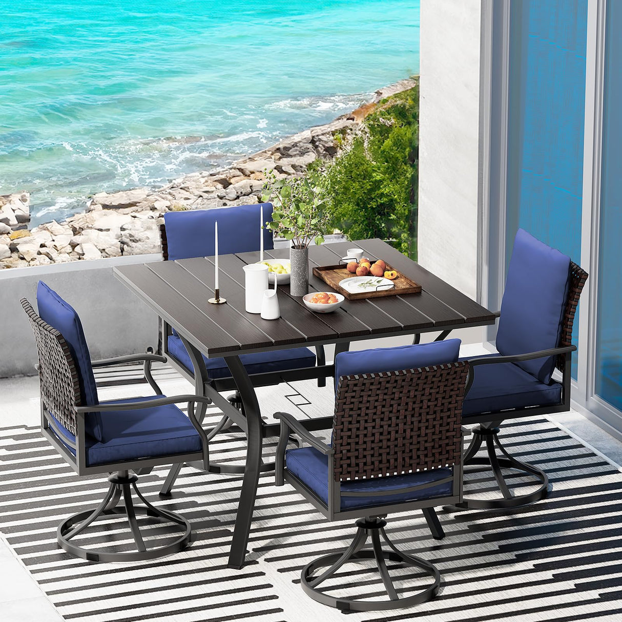 5 Piece Outdoor Patio Dining Set with 4 Swivel Dining Chairs & 1 Large Square Dining Table