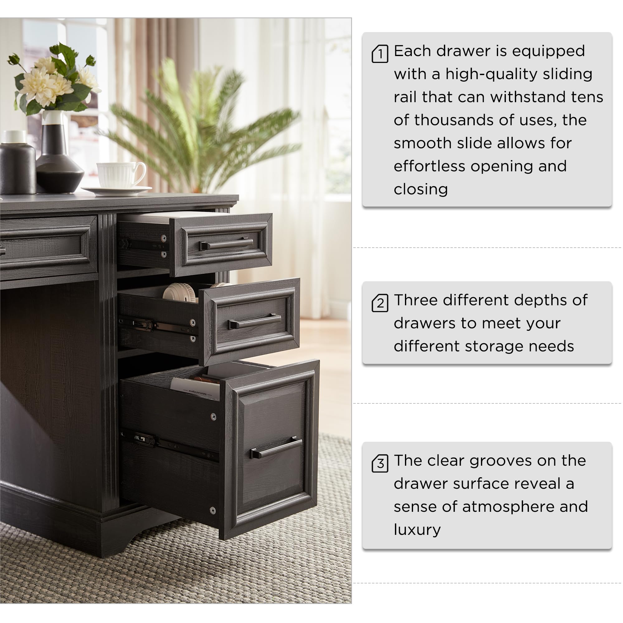 Farmhouse 58" Executive Desk, Computer Desk with Drawers and Storage Cabinet