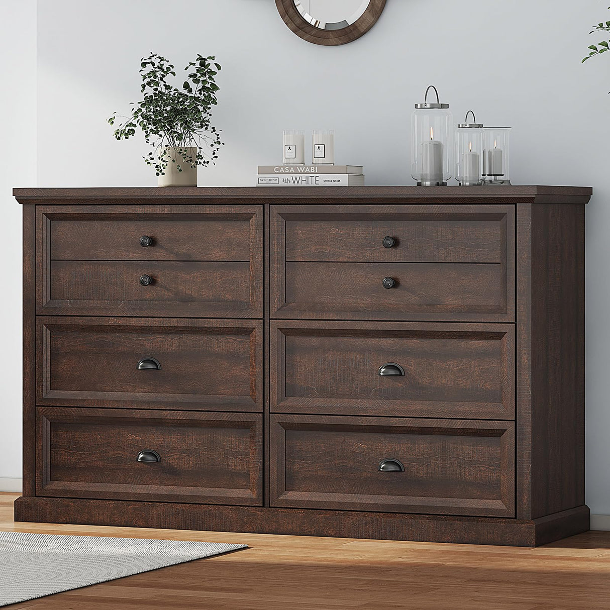 58 Inch Wide Farmhouse 6 Drawer Dresser for Bedroom, Modern Bedroom Dresser