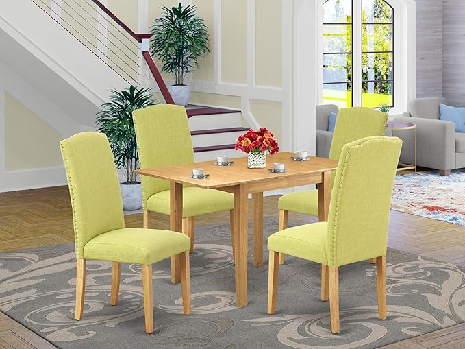 5 Piece Dining Set Includes a Rectangle Dining Room Table with Dropleaf and 4 Linen Fabric