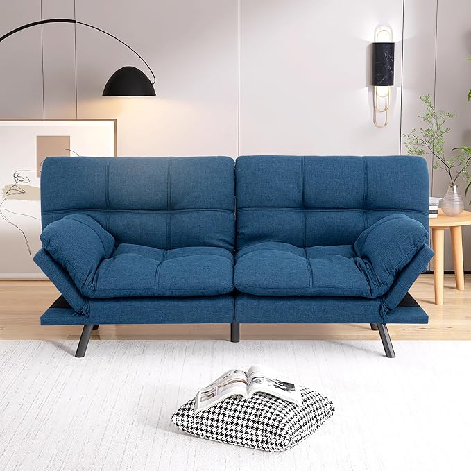 Futon Sofa Bed, Grey Linen Memory Foam Futon Sleeper Sofa
