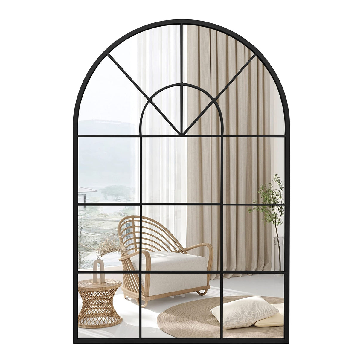 Arched Window Metal Mirror, Black Large Rustic Windowpane Wall Mirror