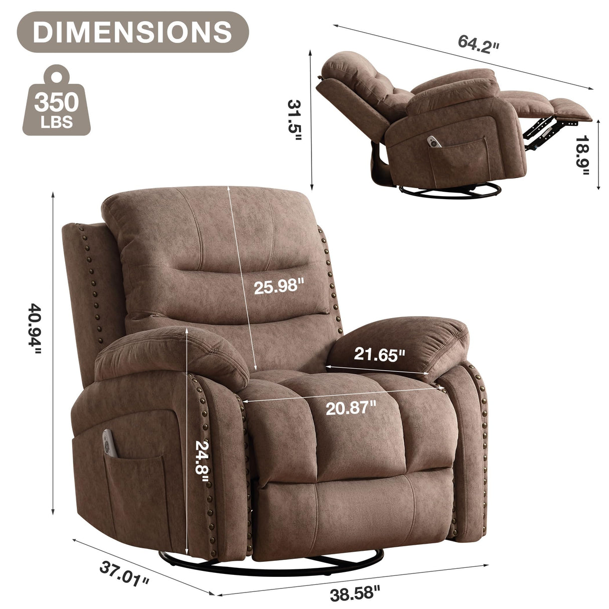 ErgoGlide 360° Swivel Recliner Chair with Heat & Massage – Vibration Zones, Side Pockets