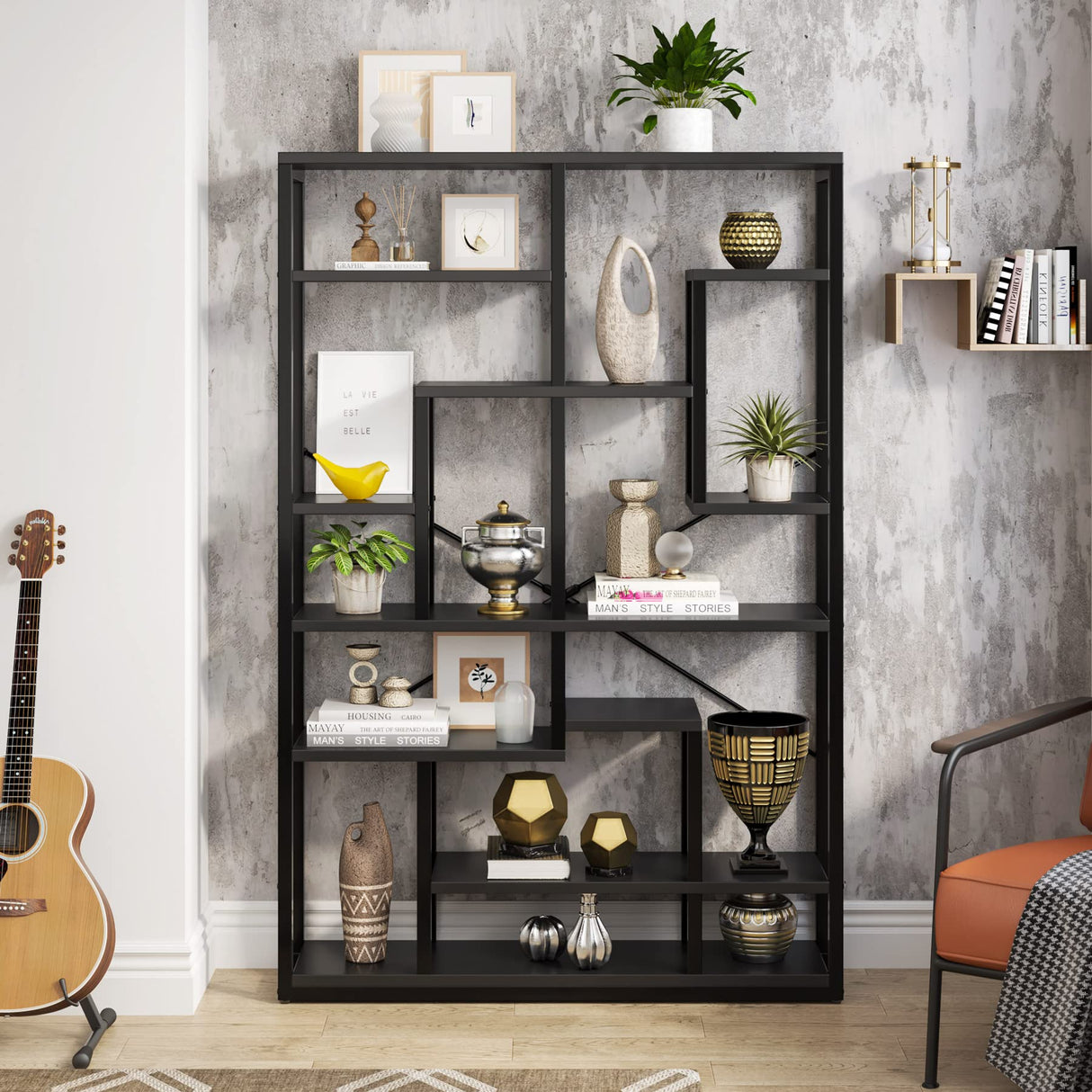 Black Bookshelf 47” Bookcase 9 Tier Tall Book Shelf Rustic Geometric Bookcase Display Shelf Organizer with Open Storage Shelf for Living Room, Industrial Wood Metal Bookshelf for Office