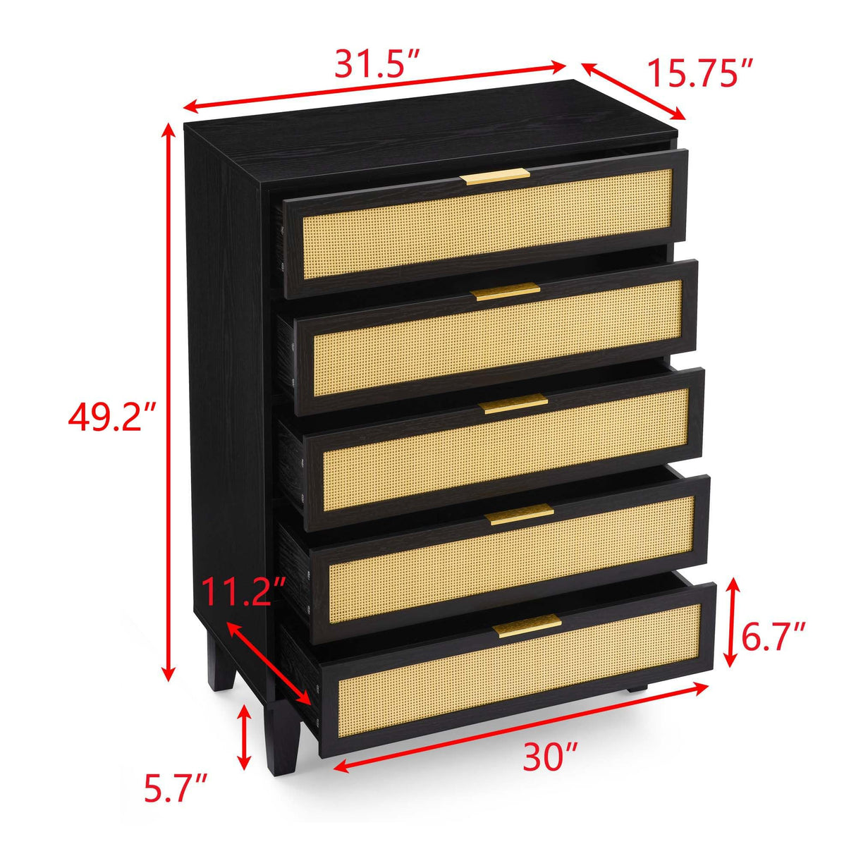 5 Drawers Dresser for Bedroom, 50'' Tall Rattan Dresser, Boho Chest of Drawers with Gold