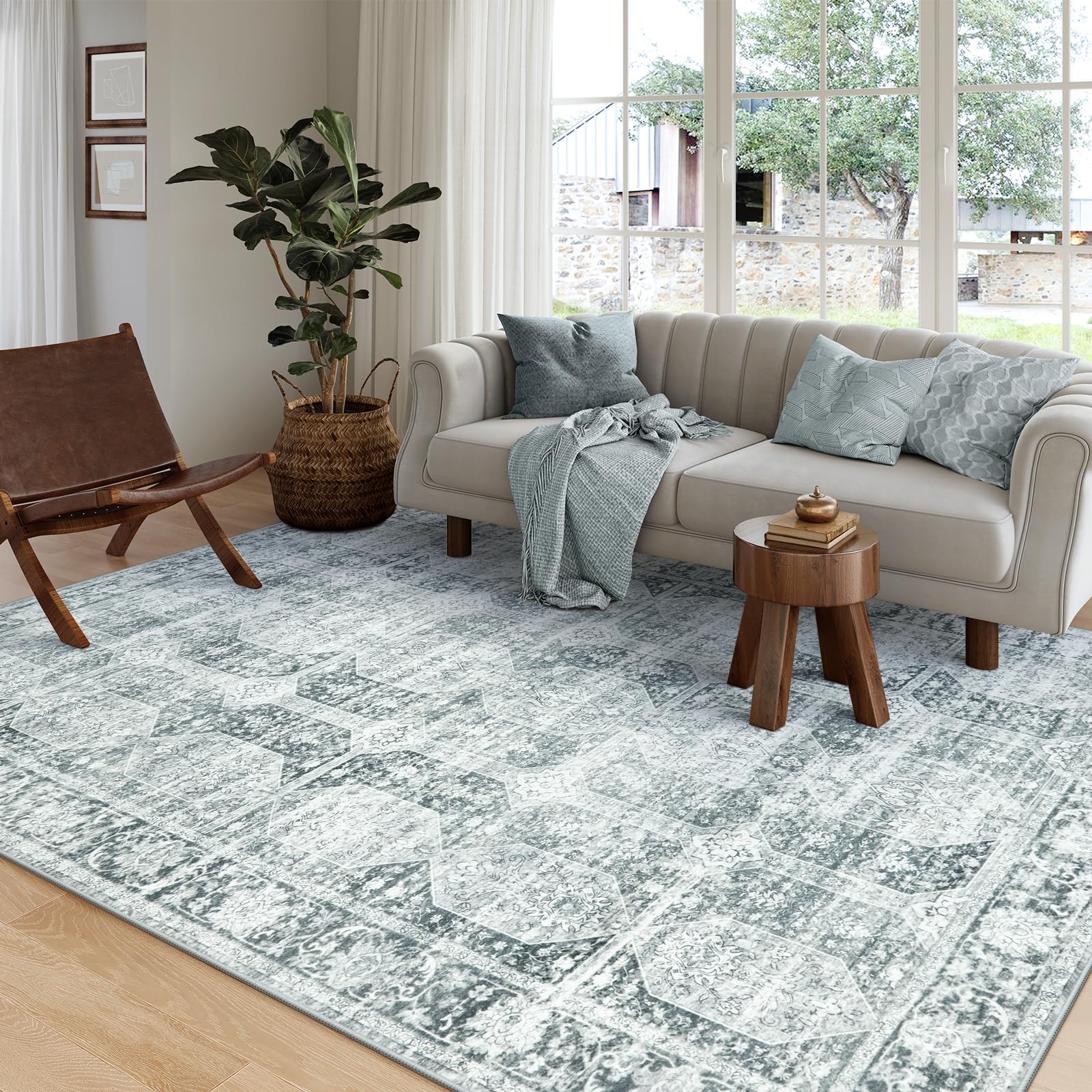Washable Rugs 9x12 Vintage Large Area Rugs for Living Room Non Slip Retro 9X12 Rug for Bedroom Stain Resistant Low Pile Accent Rug Ultra-Thin Carpet for Dining Room Home Office