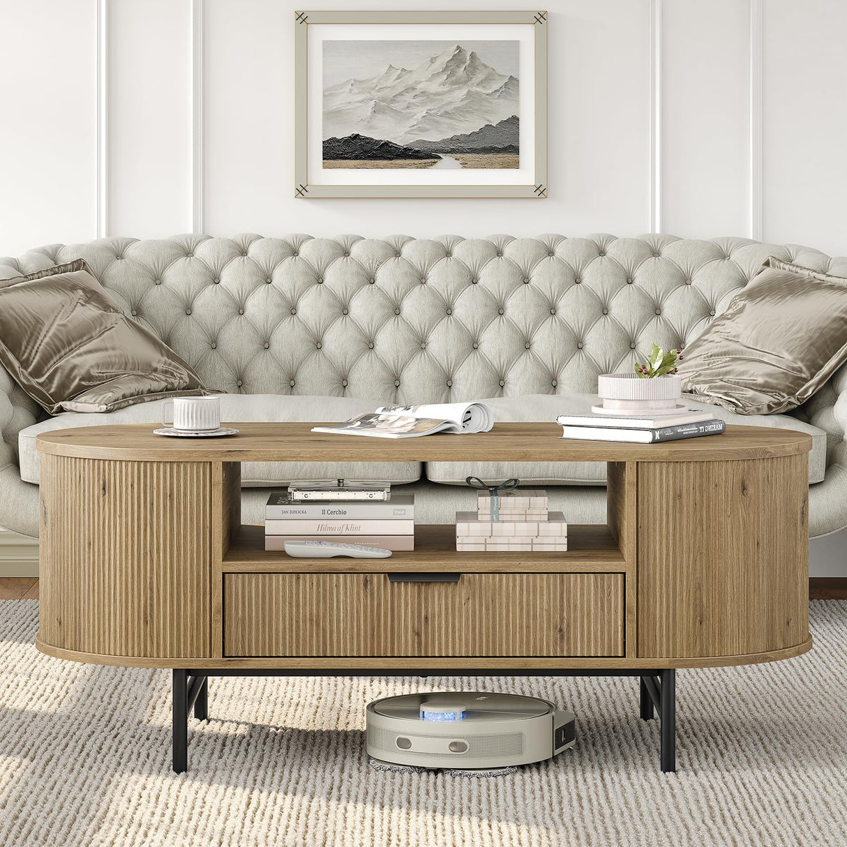 47.3'' Fluted Coffee Table with Storage, Oval Round Coffee Table