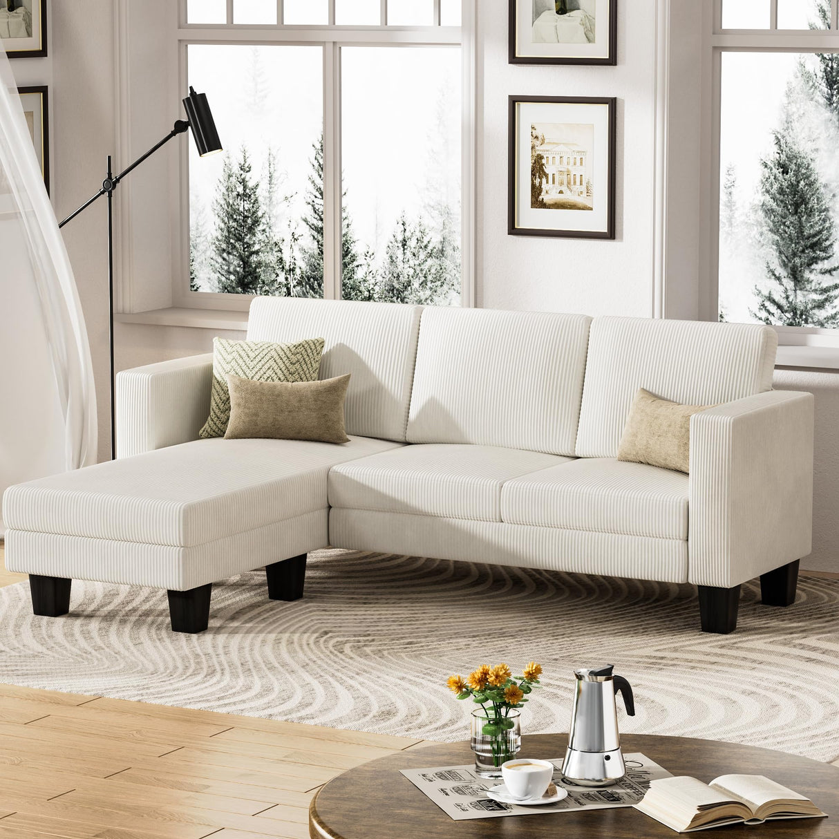 YESHOMY L-Shaped Convertible Sectional Sofa 3 Seater with Corduroy Fabric, Complete with Mobile Footrest, for Living Room, Apartment and Office, 70", Beige