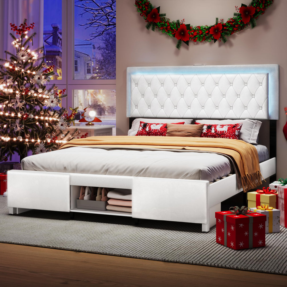 Queen Bed Frame with Charged Headboard and 3 Storage Drawers