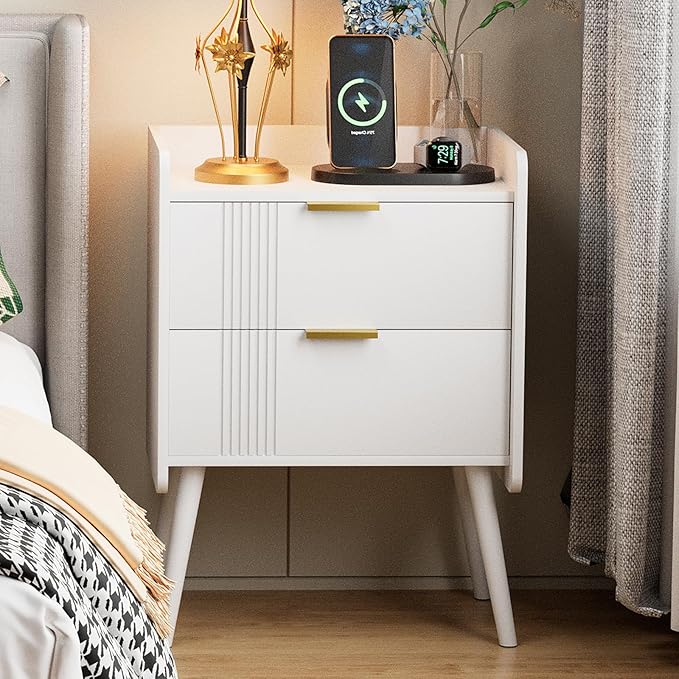 White Nightstand Modern Bedside Table with 2 Storage Drawer, Small Night Stand