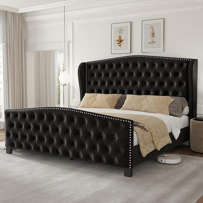 King Bed Frame Upholstered Platform Bed with Wingback Headboard