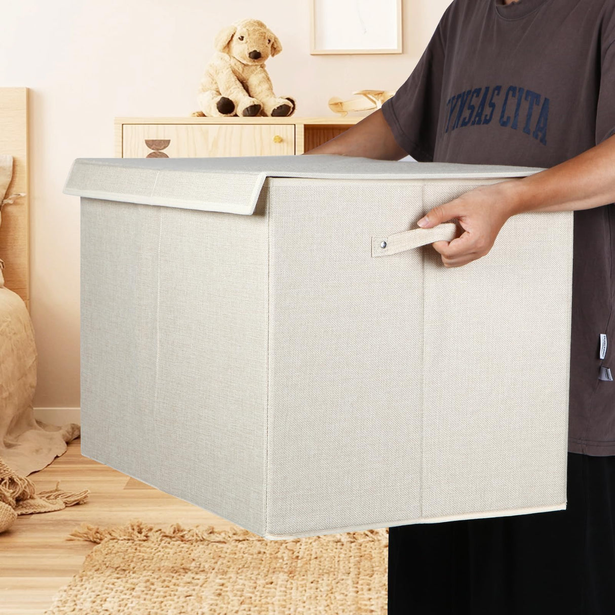 122L Large Toy Box Chest with Lid, Foldable Toy Storage Organizer Bin Boxes with Removable Divider for Kids, Boys, Girls, Nursery, Playroom, 26"x17" x17" (Linen Beige)