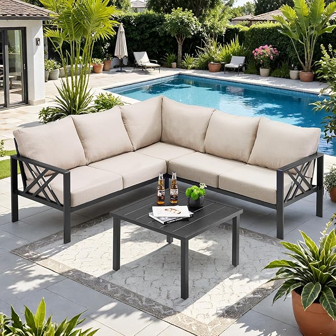 Patio Furniture Set, 6 Pieces L-Shaped Outdoor Couch Sectional with 2.4" Wide Armrest
