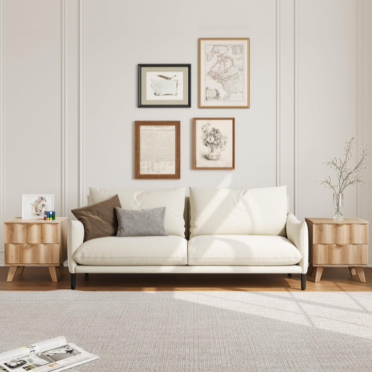 Nightstand, Modern Bedside Table with Drawers and Metal Handles, Sofa Side Table