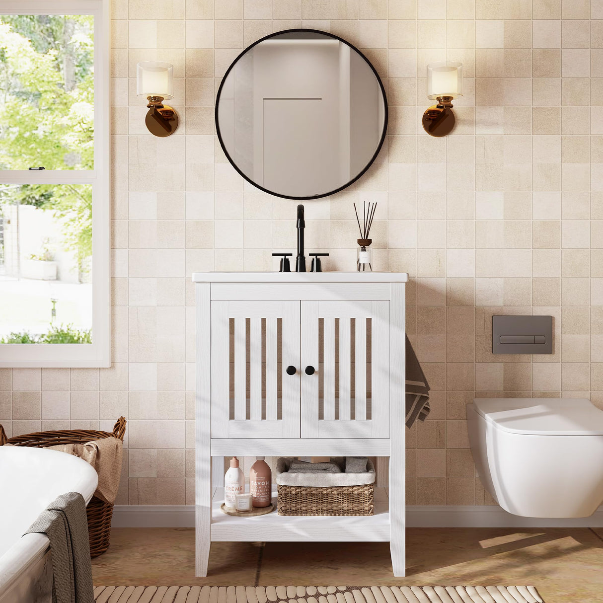 24 Inch Small Bathroom Vanity with Ceramic Sink Compact All-in-One Design & Soft-Close Hinge