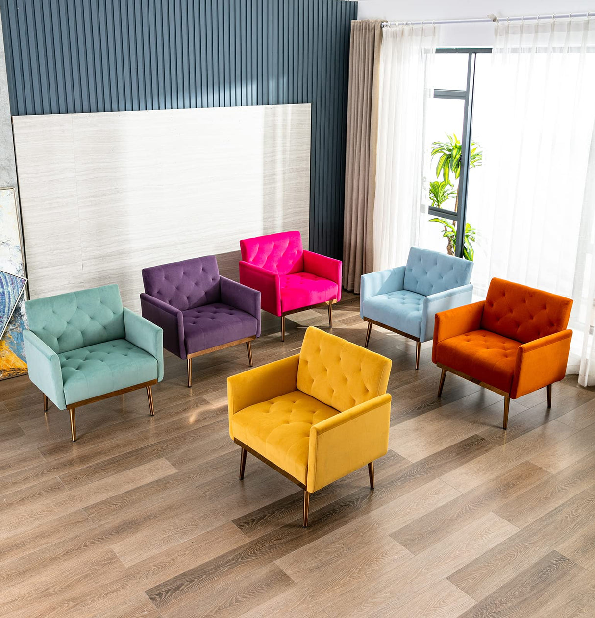 Modern Velvet Accent Chair, Upholstered Single Sofa Chair with Rose Gold Metal Trim, Comfy Living Room Lounge Armchair for Relaxing, Navy Blue