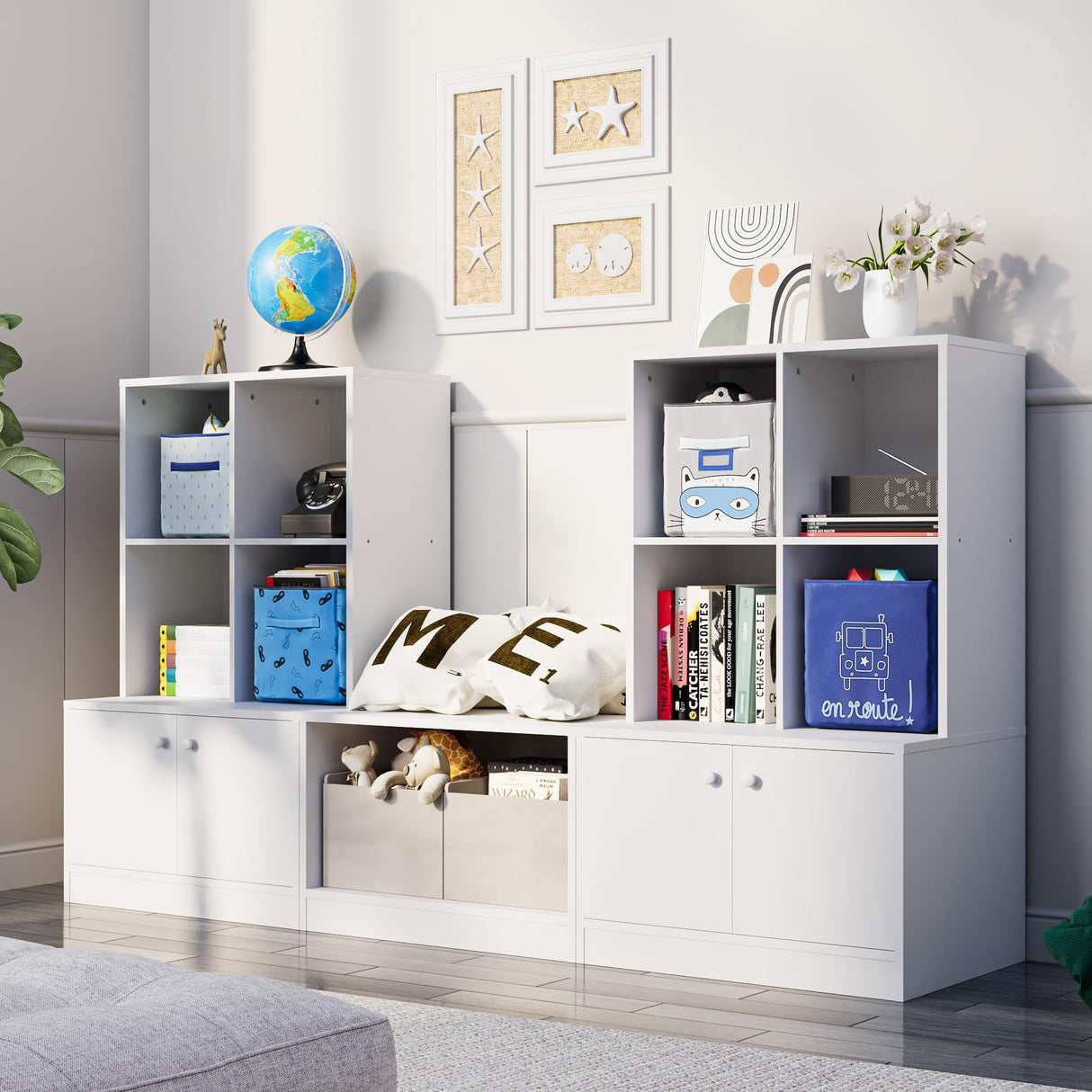 White Bookshelf, 3-Tier Bookcase with 4 Doors and 8 Cubes