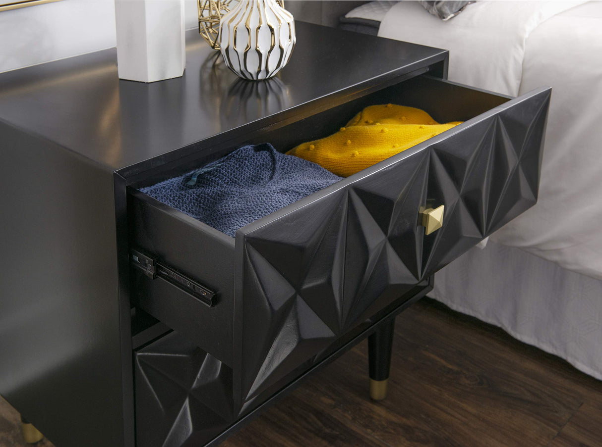 Two Drawer Geo Texture Sheerah Chest, Black Nightstand