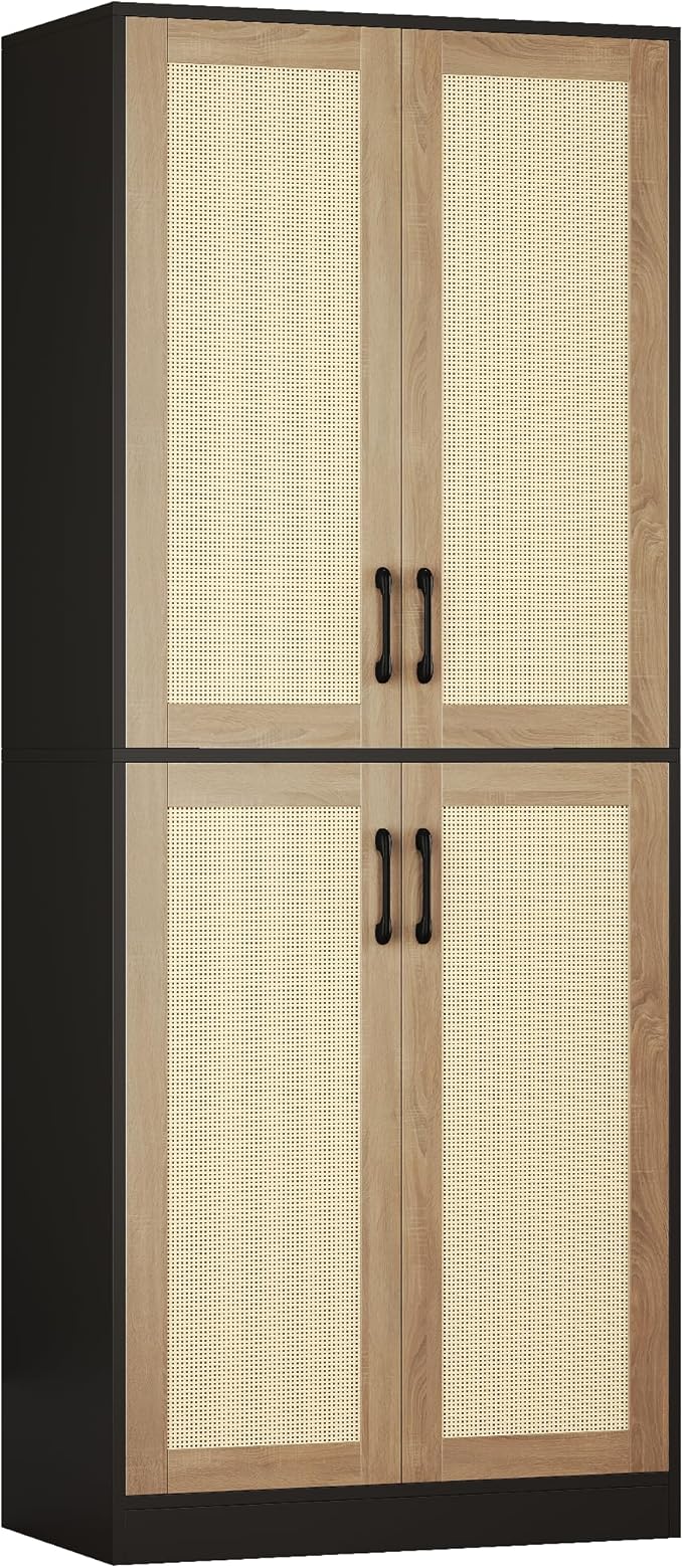 Kitchen Pantry Cabinet, Rattan Cabinet, Tall Storage Cabinet with 4 Doors and Adjustable