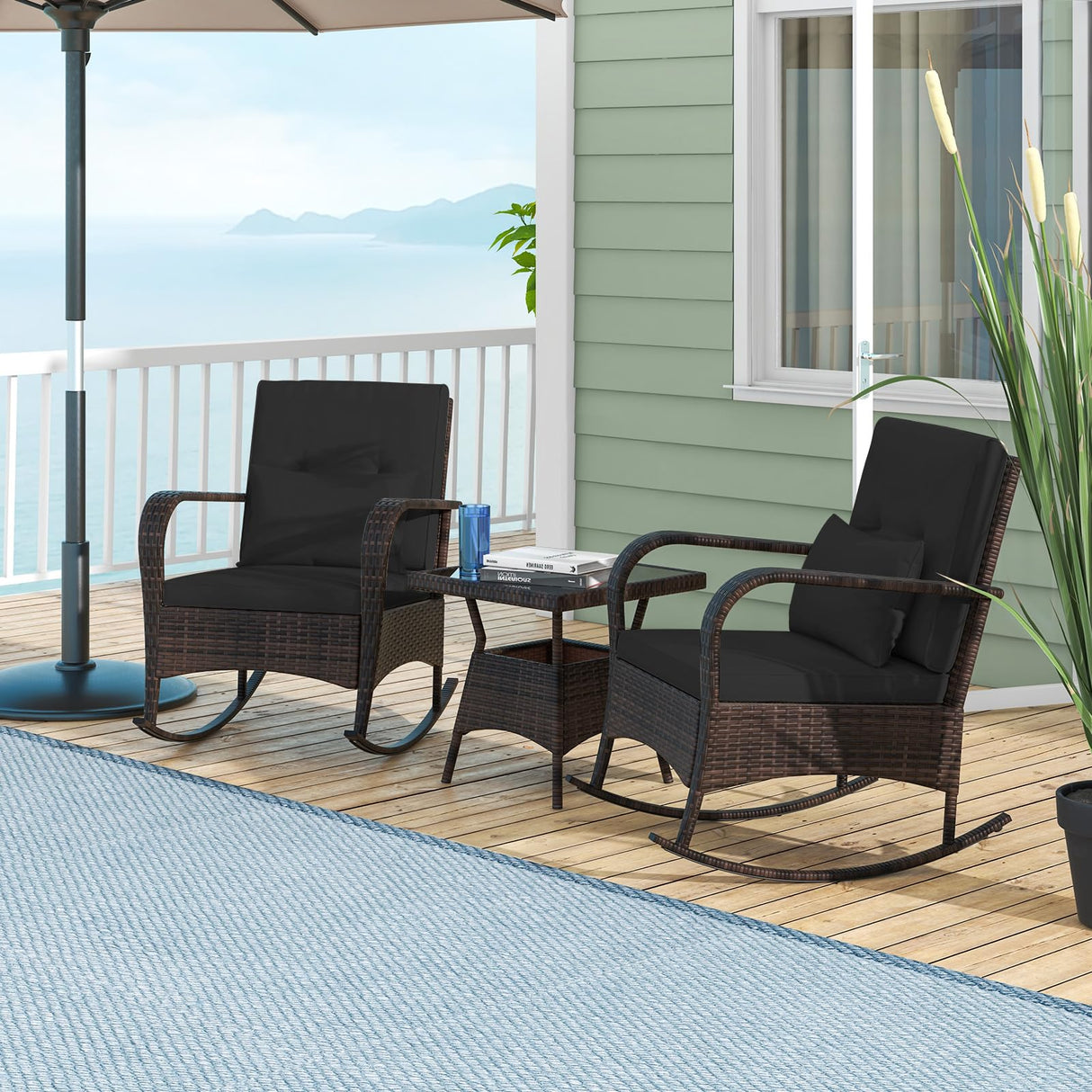 3 Pieces Rocking Bistro Set, Patiojoy Outdoor PE Rattan Rocker Chairs with Removable