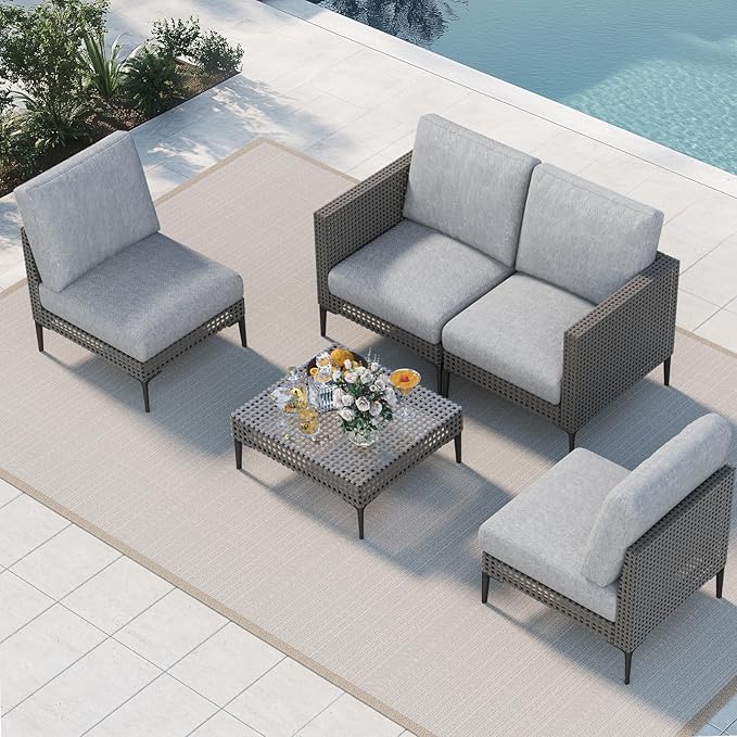 Outdoor Patio Sofa Conversation Set–Rattan 4 Seats Comfortable Couch for Garden