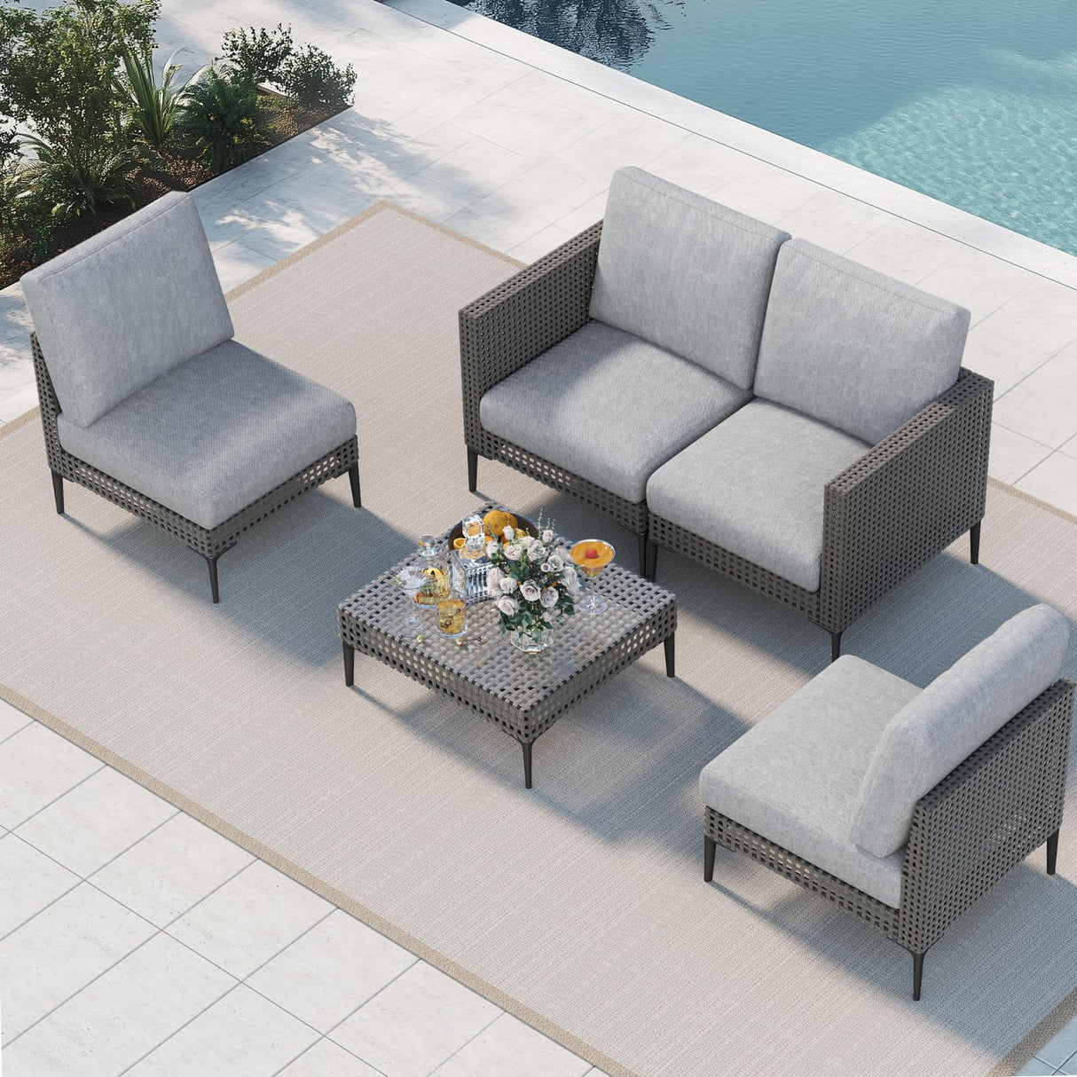 Outdoor Patio Sofa Conversation Set–Rattan 4 Seats Comfortable Couch for Garden
