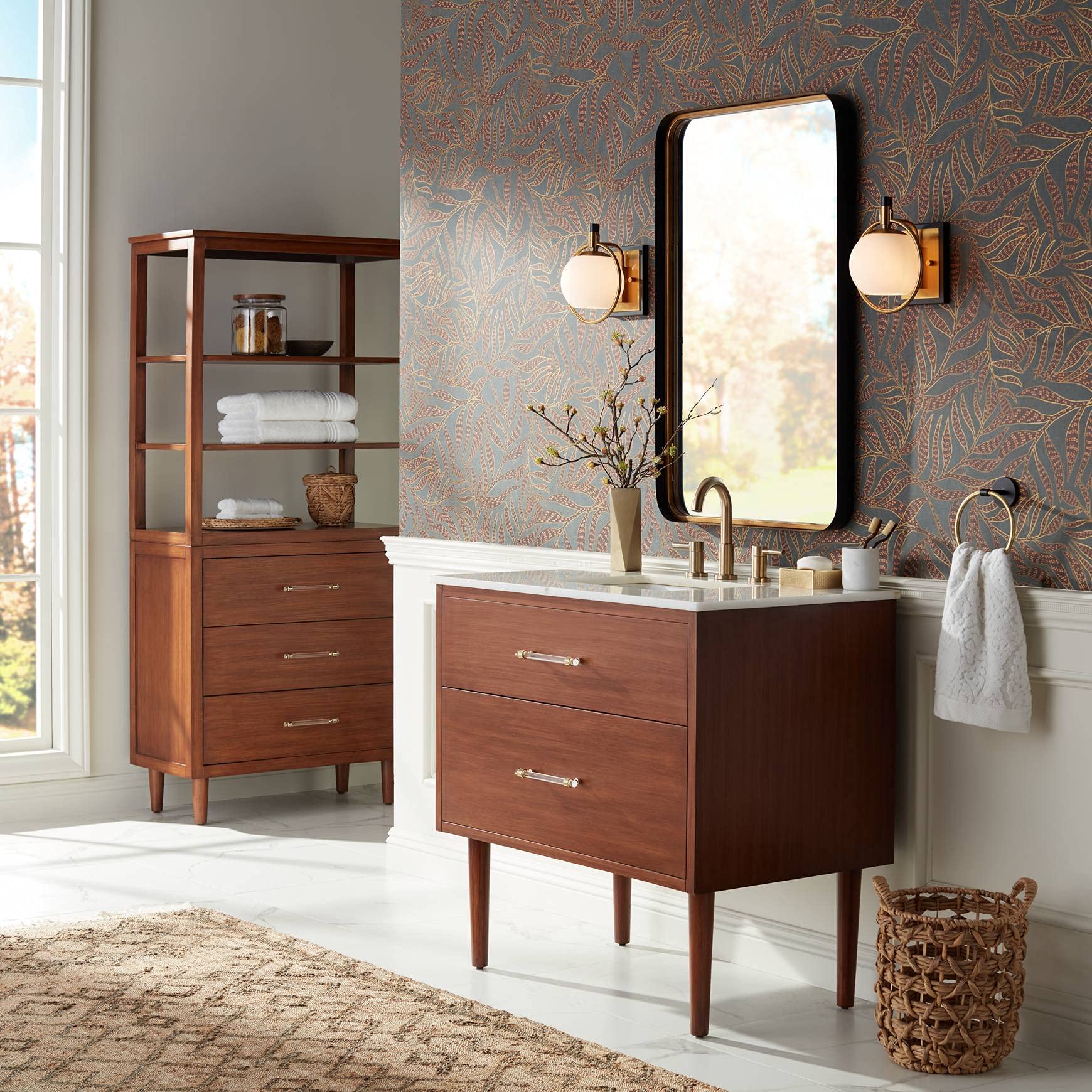 Uttermost Rounded Corner Rectangular Vanity Decorative Wall Mirror Modern Rustic Gold Black Iron Frame Beveled Edge 24" Wide for Bathroom Bedroom Living Room Home House Office Entryway