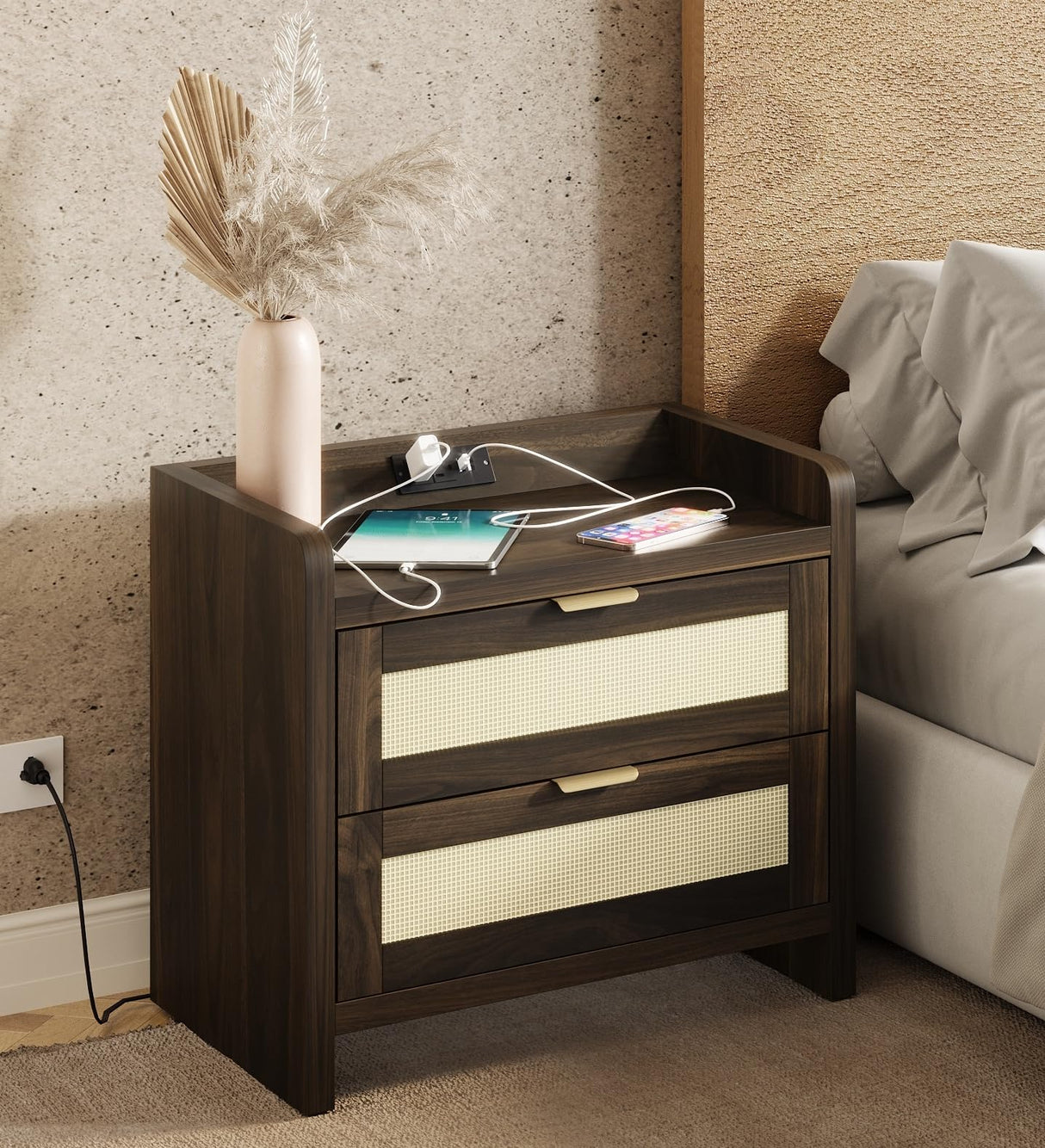 Night Stand Set of 2 - Rattan Nightstands with Built-in Charging Port, 2 Woven Drawers