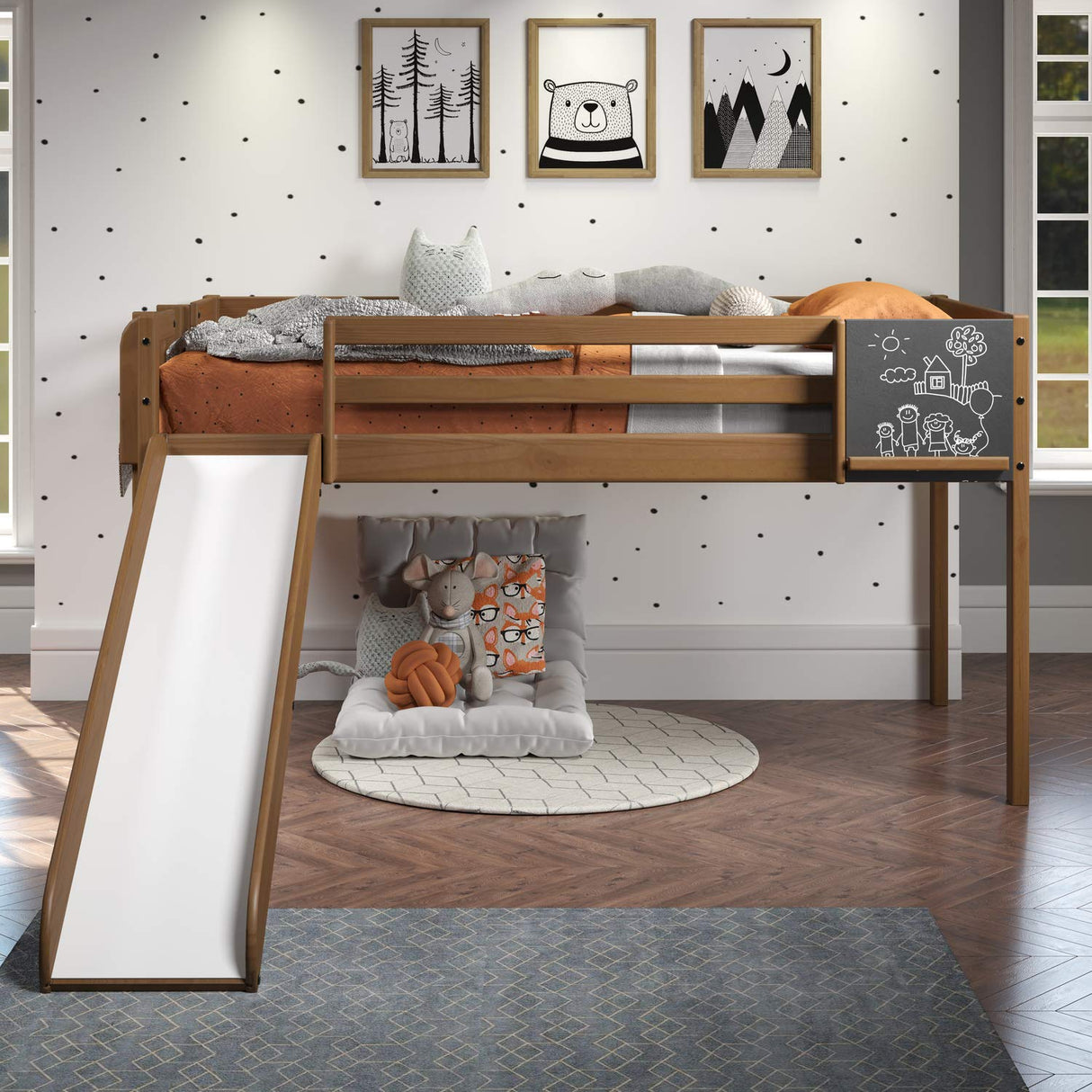 Cindy Kids Loft Bed with Slide, Twin Loft Bed with Slide
