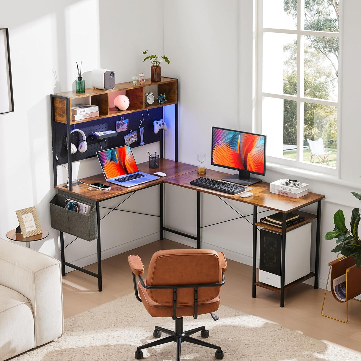 L Shaped Gaming Desk, 66 Inch Large Computer Desk with Power Outlet and Pegboard