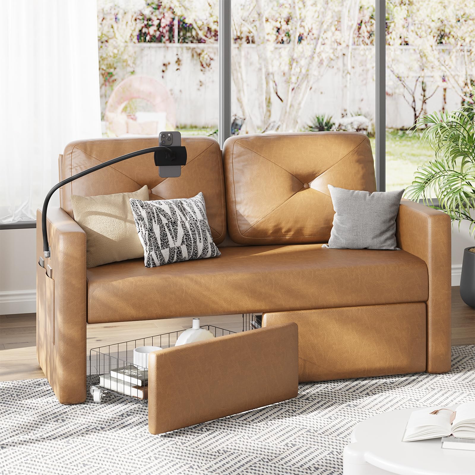 Brown Leather Couch with Storage, Modern Comfy Loveseat Sofa