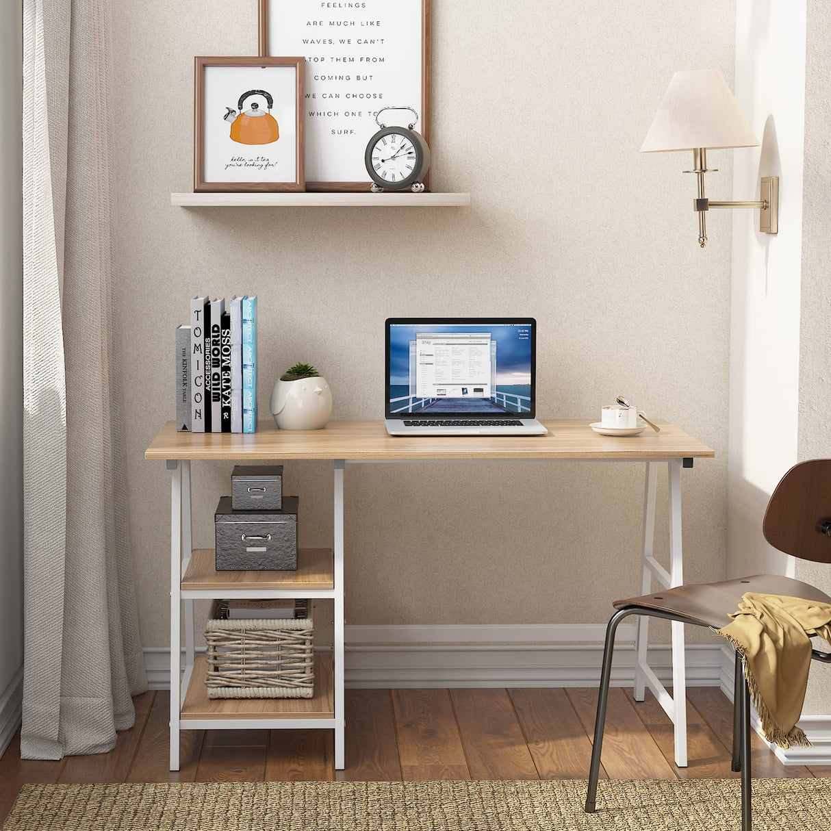 Computer Desk 47inches Trestle Desk PC Desk with Shelf Office Desk Workstation for Home Office