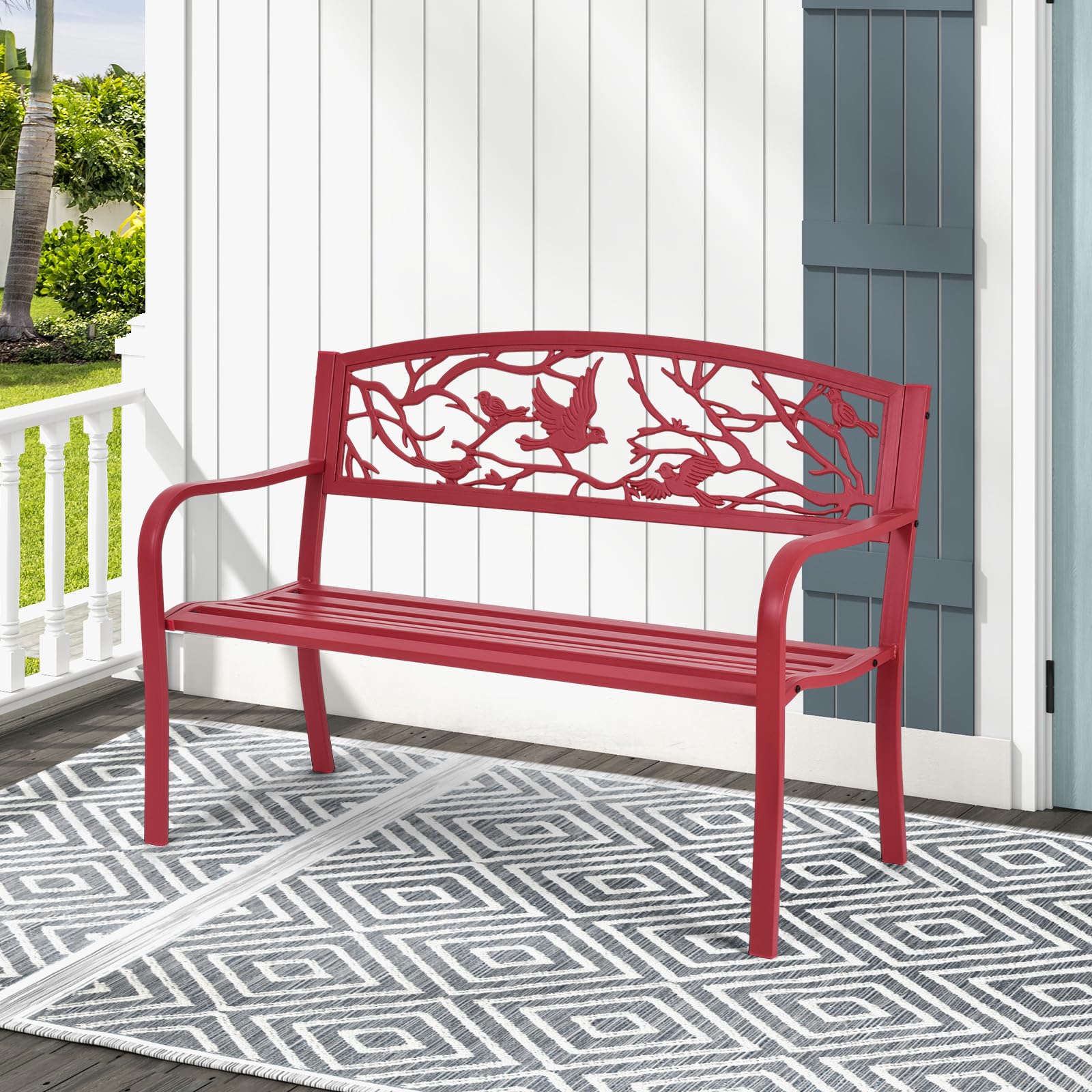 Metal Outdoor Garden Bench Park Bench, Patio Bench with Bird & Twig Cast Iron Back