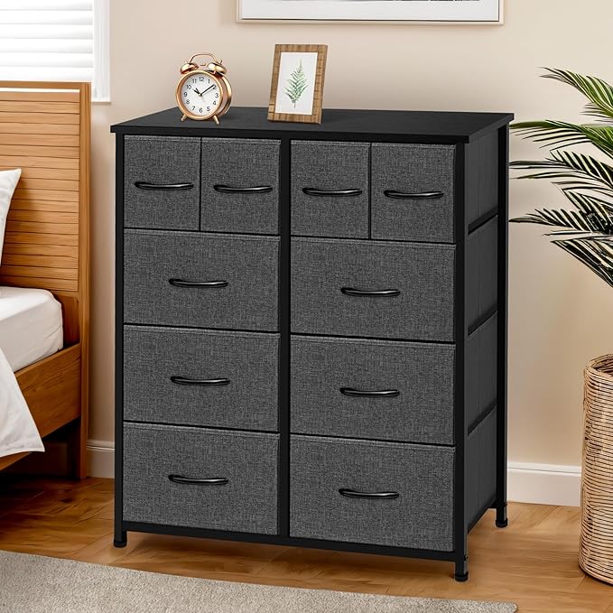 Storage Dresser with 10-Drawer, Fabric Storage Tower with Steel Frame and Wood Top