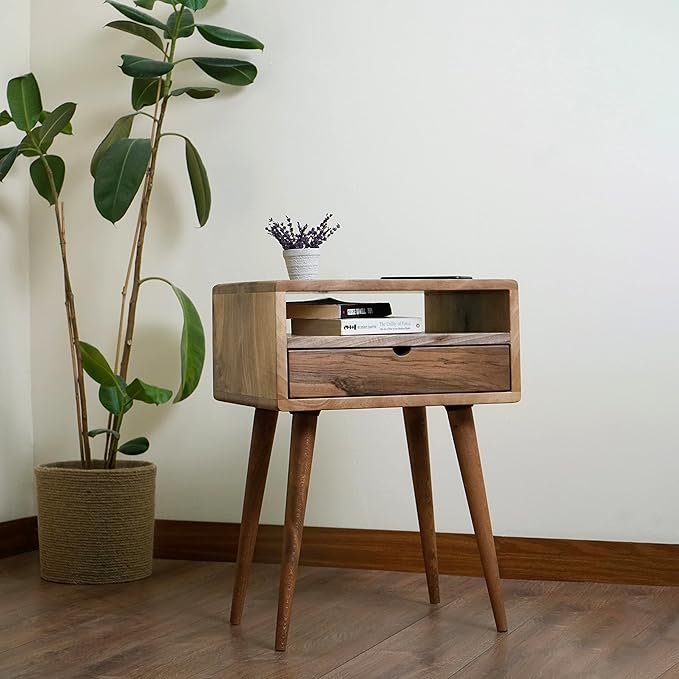 Mid Century Nightstand with Drawer Solid Walnut Bedside Table with Shelf Nightstand