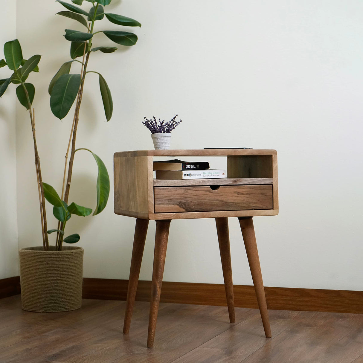 Mid Century Nightstand with Drawer Solid Walnut Bedside Table with Shelf Nightstand