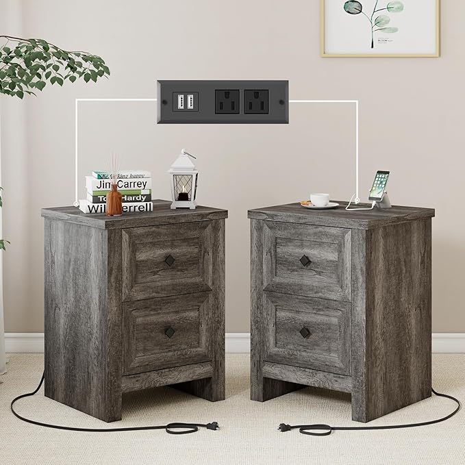 Nightstand Set of 2 with Charging Station, Farmhouse End Table with 2 Drawers Storage