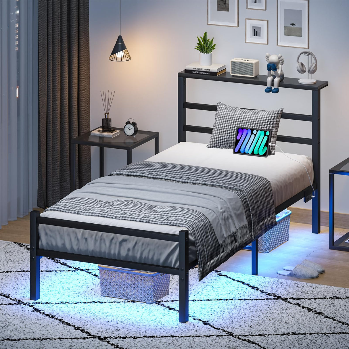 Twin Bed Frame with Headboard Shelf, Metal Platform Bed Frame