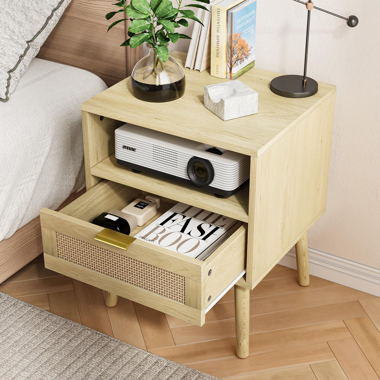Natural Rattan Nightstand with Drawer, Boho Large Bedside Table with Open Shelf