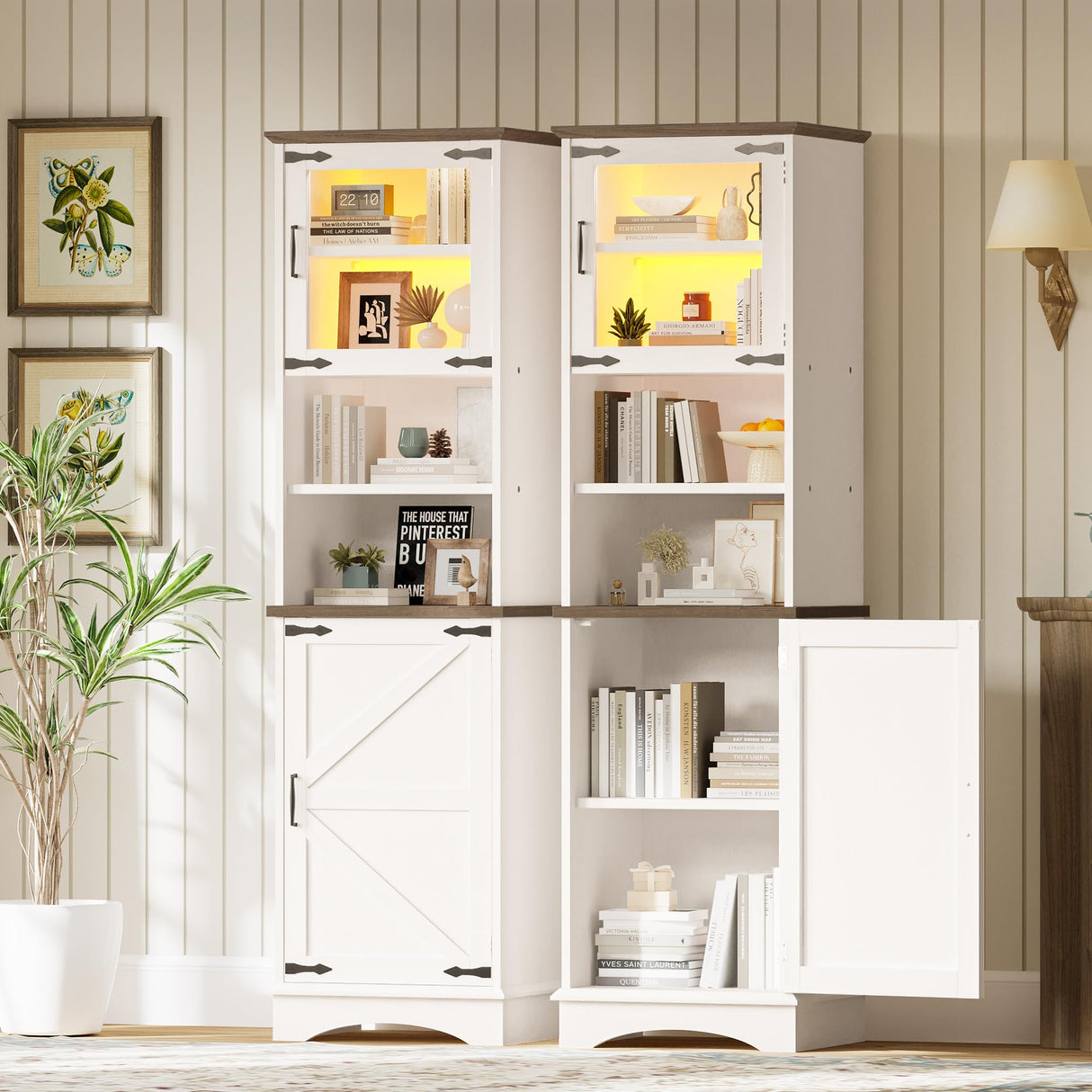 Tall Bathroom Cabinet, Farmhouse Storage Cabinet with LED Lights and Adjustable Shelves