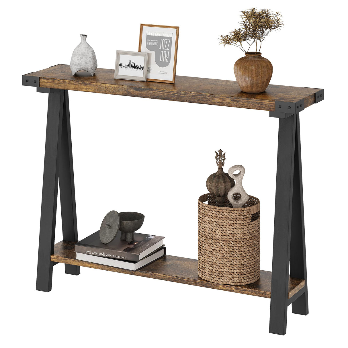 Farmhouse Console Table, 43.3" Entryway Table with Storage, 2 Tier Sofa Table