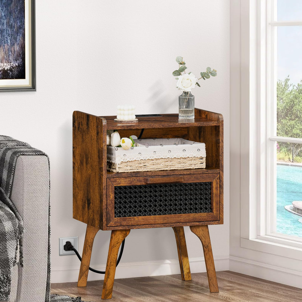 Rattan Nightstands Set of 2 with Charging Station