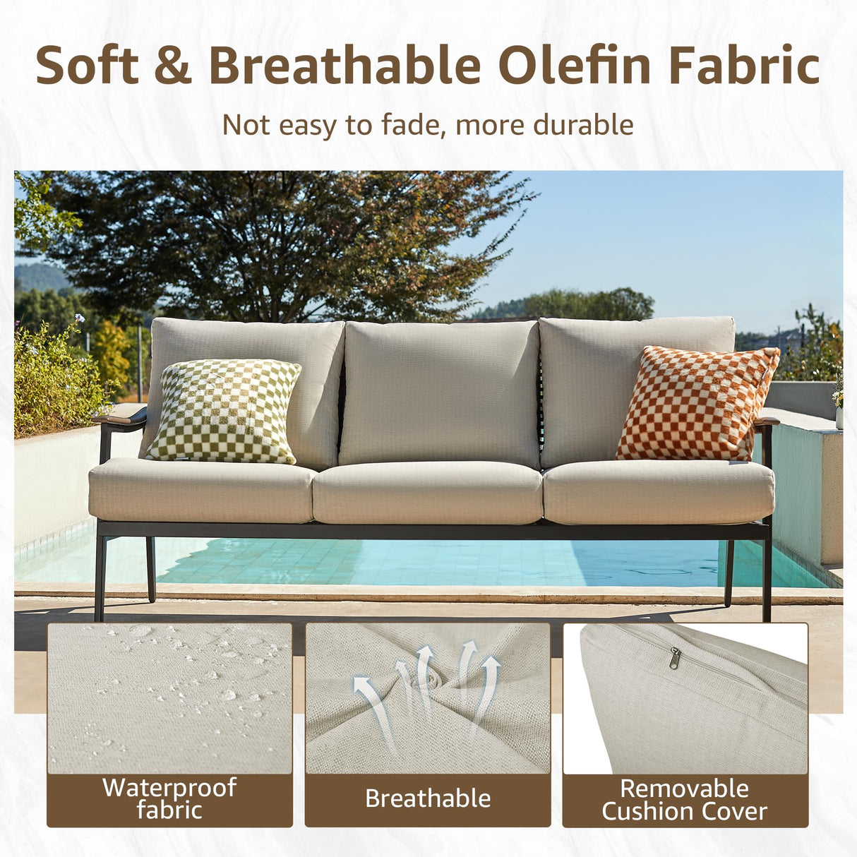 Patio 3 Seats Sofa Outdoor Loveseat, Patio Furniture Metal Outdoor Sofa